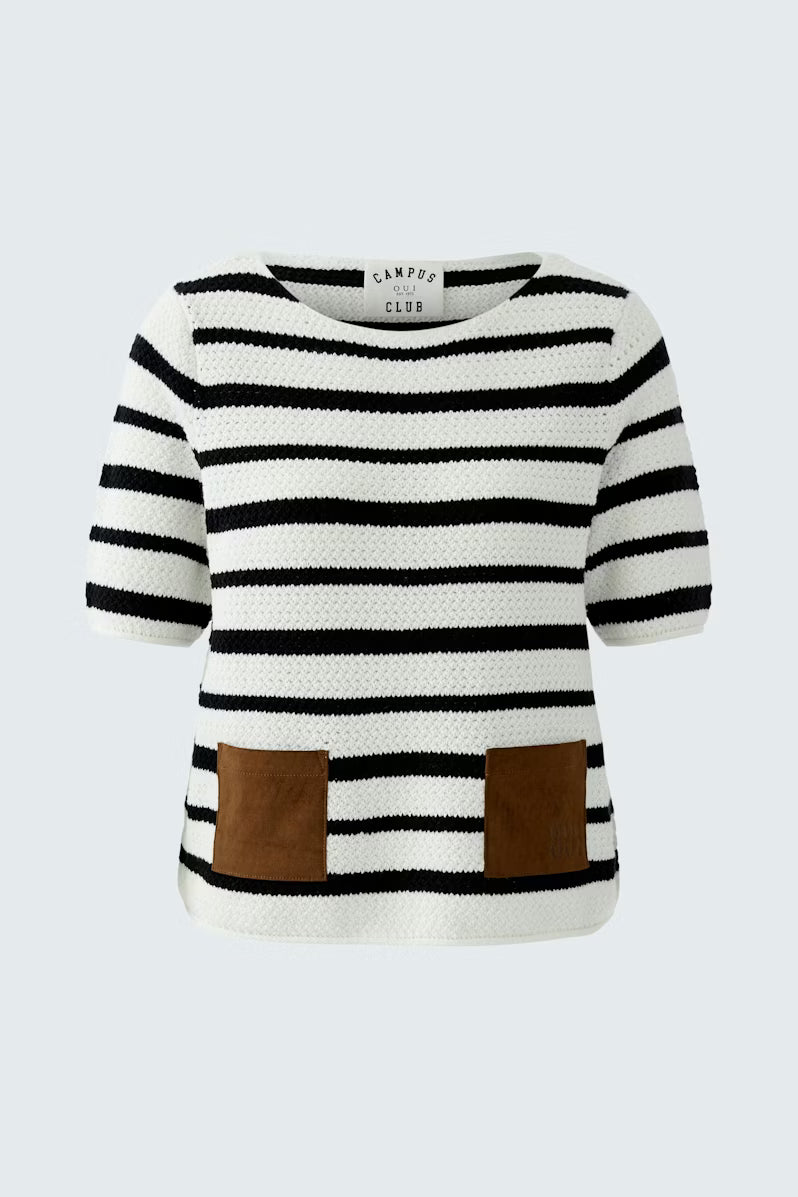 Oui Black and White Stripe Suede Pocket Jumper 97629
