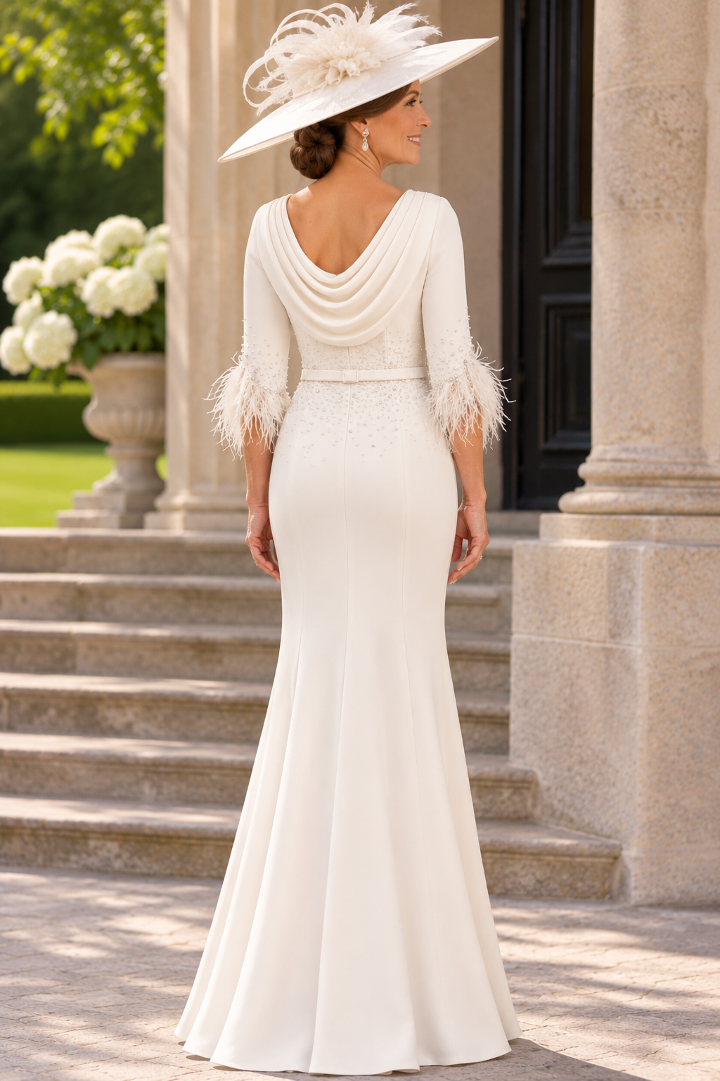 John Charles 29148 Ivory Feather Full Length Dress