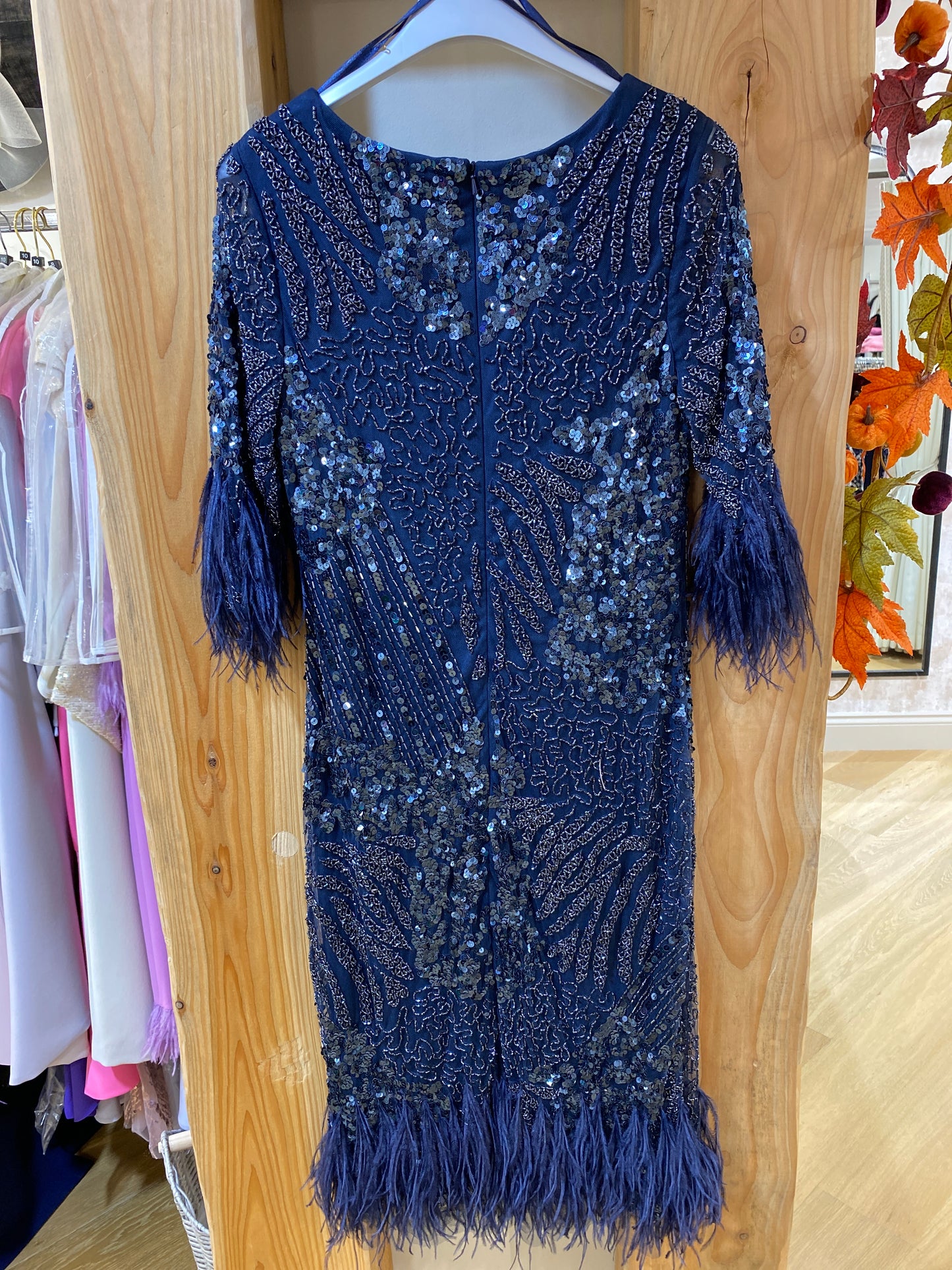 Gill Harvey Navy Beaded Feather Sleeve Dress 8034