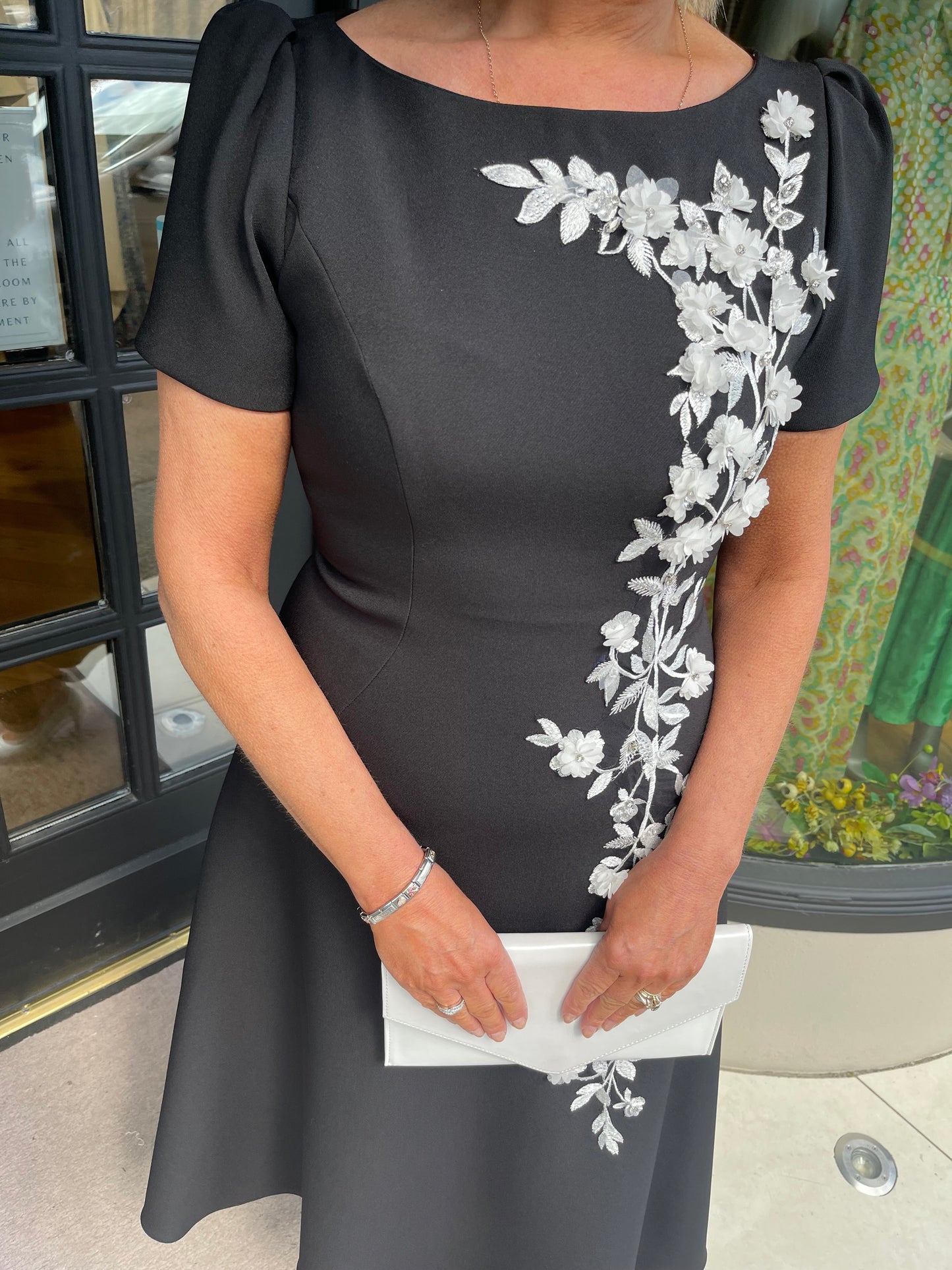 John Charles 66319 Black And White Crepe And Lace Applique