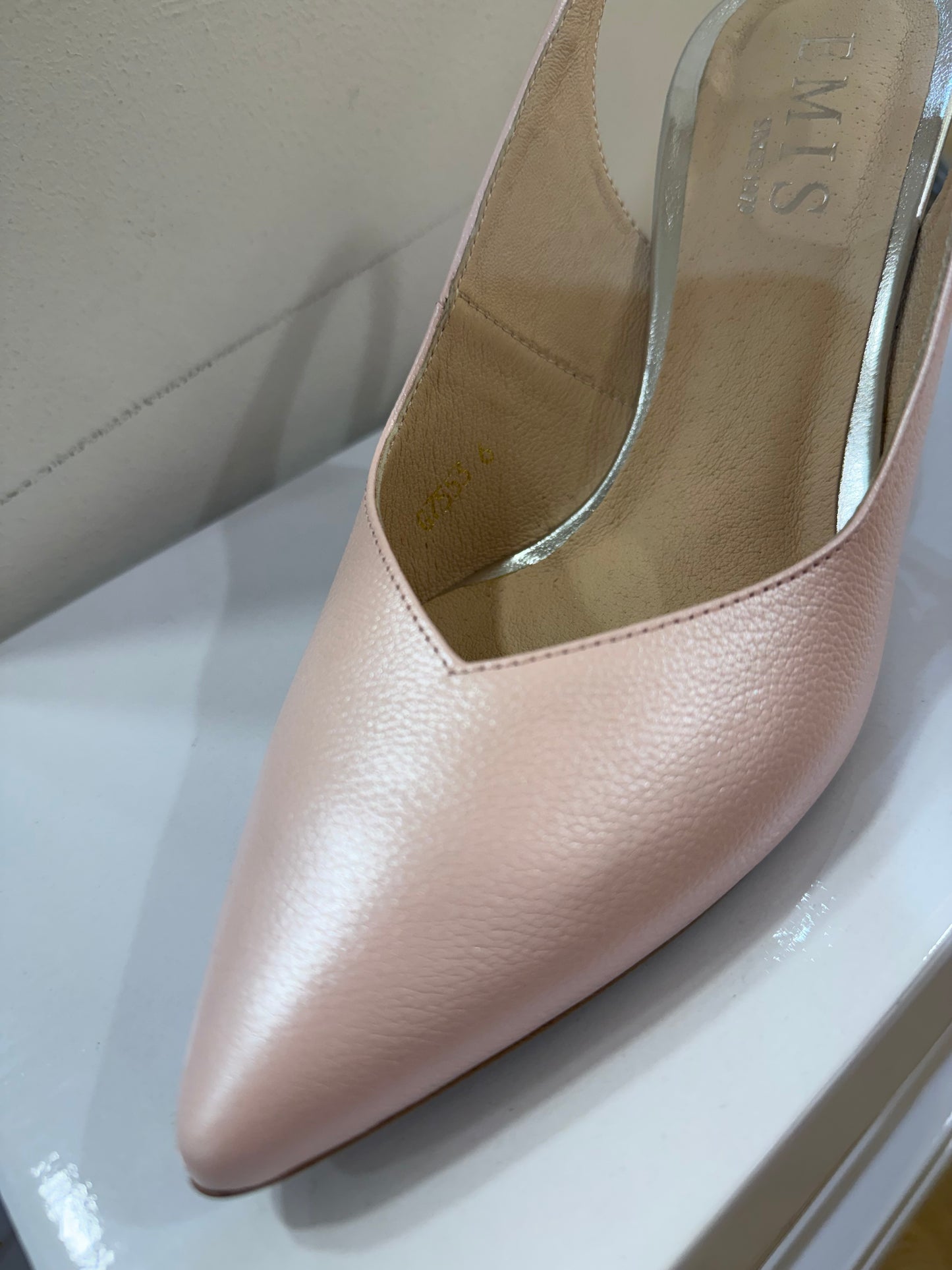 Emis Metallic Pink Sling Shoe Low Cuban Heel