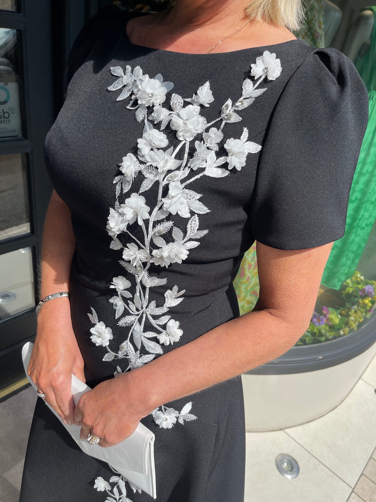 John Charles 66319 Black And White Crepe And Lace Applique