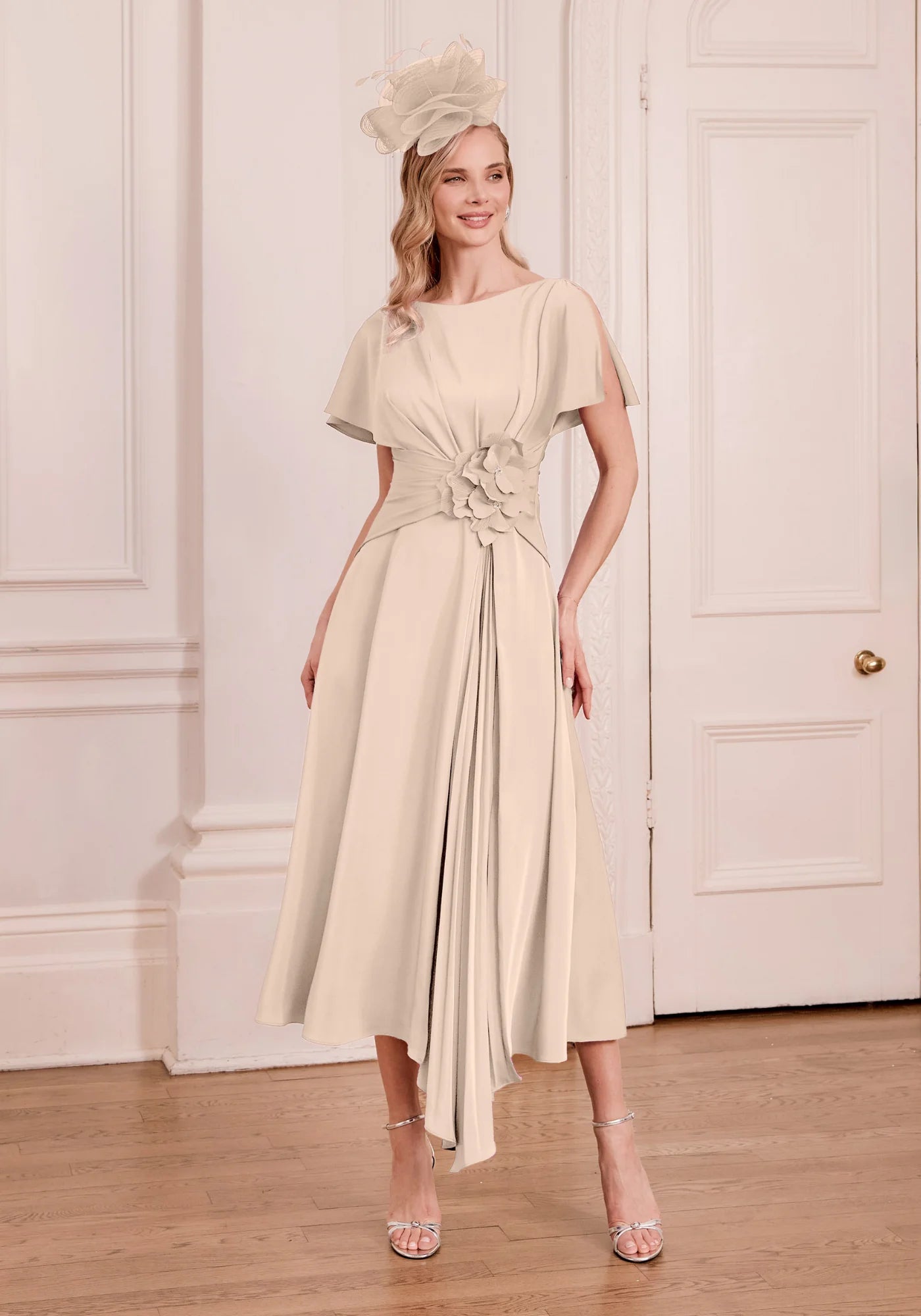 John Charles 66782A Ecru Draped Midi Dress
