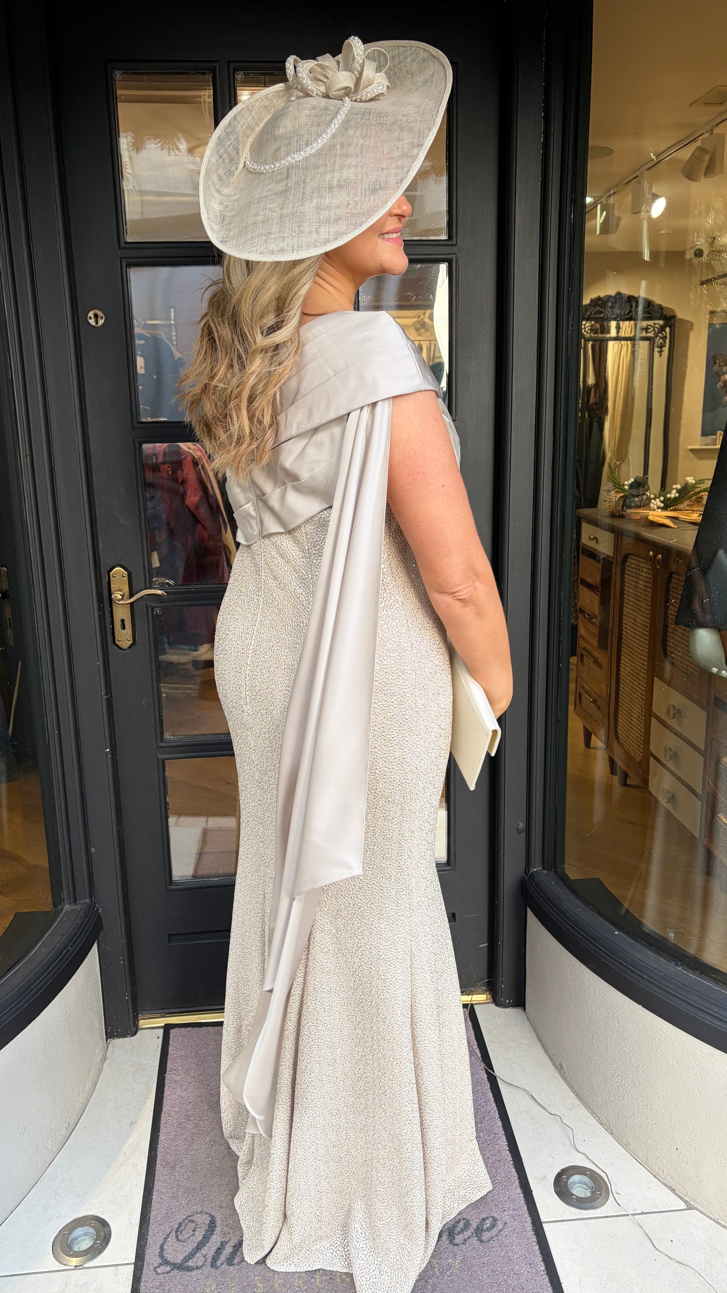 John Charles 29267 Oyster Full Length Drape Dress