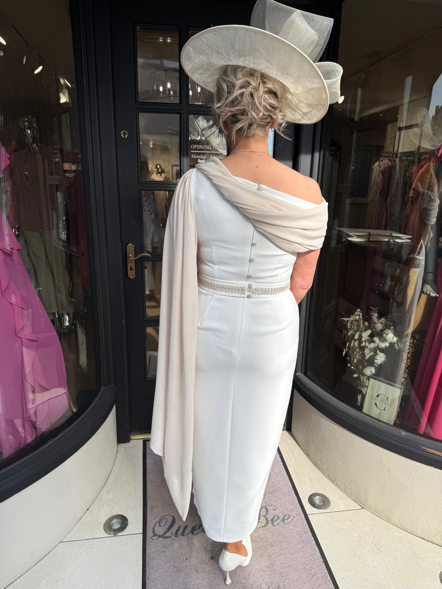 Anoola D467 Ivory and Gold Shimmer Drape Dress