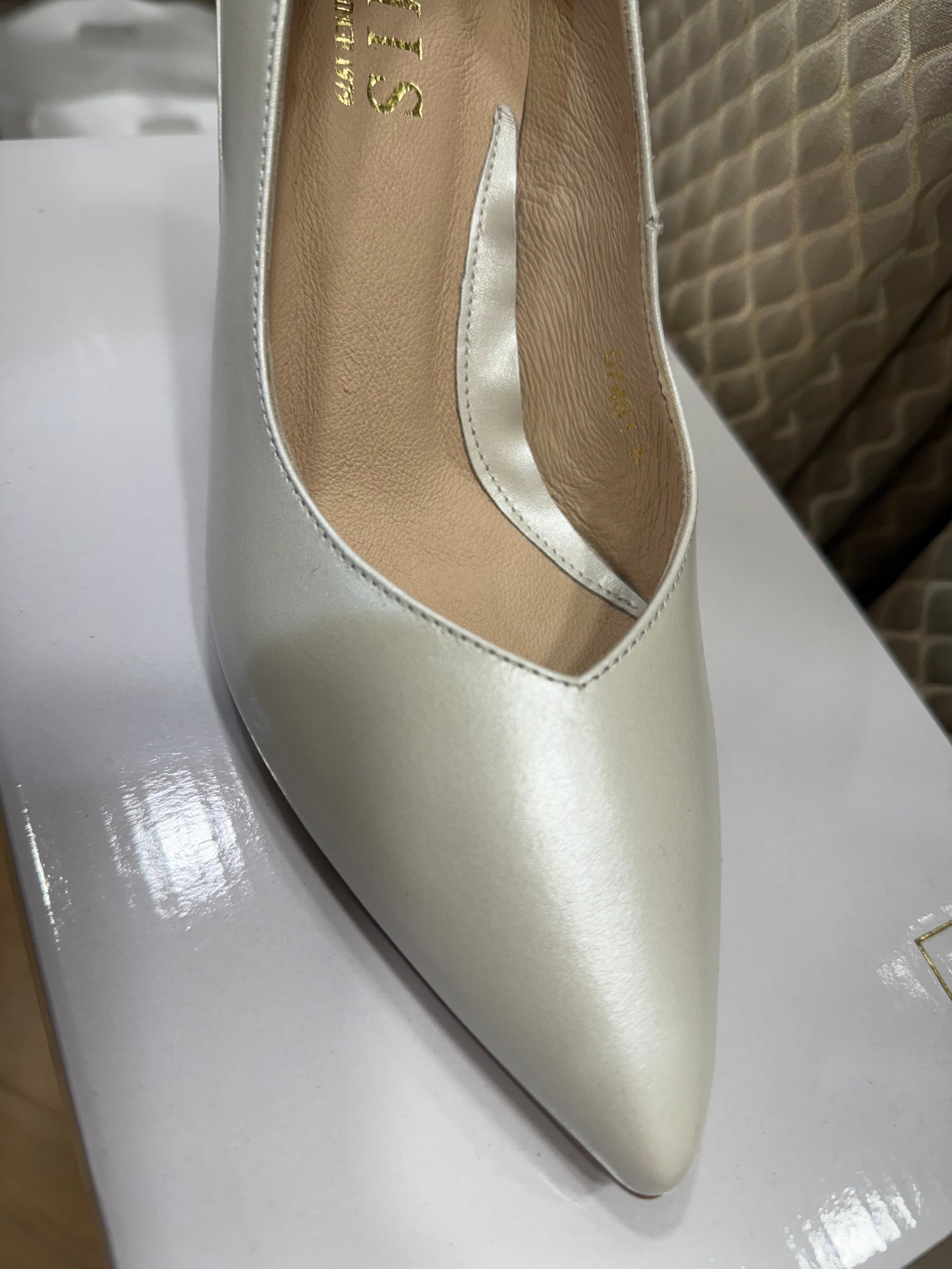 Emis Ivory Medium Heel Gold Button Shoe