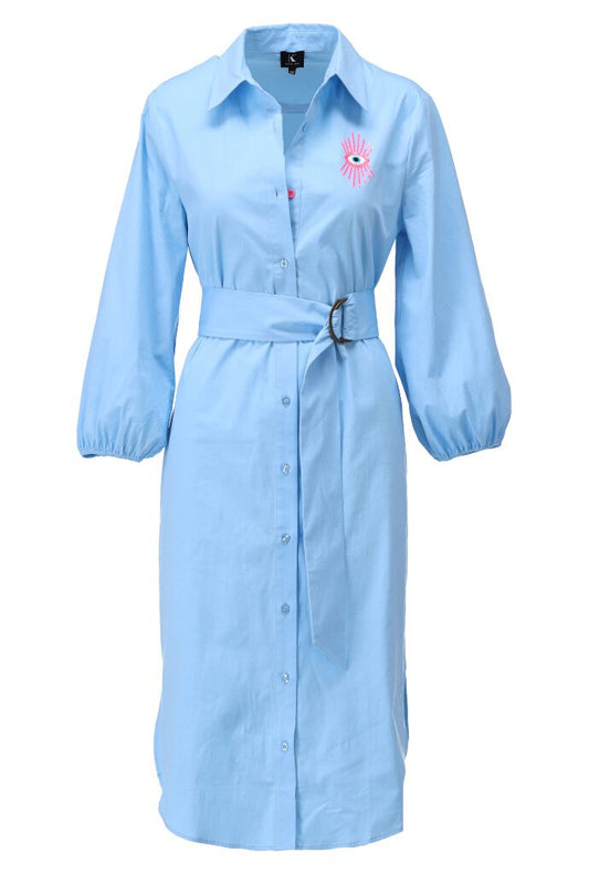 K Design Blue Shirt Blouse with Pink Motif Detail A763