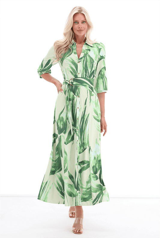 K Design Midi Dress A326 Green and Cream Print