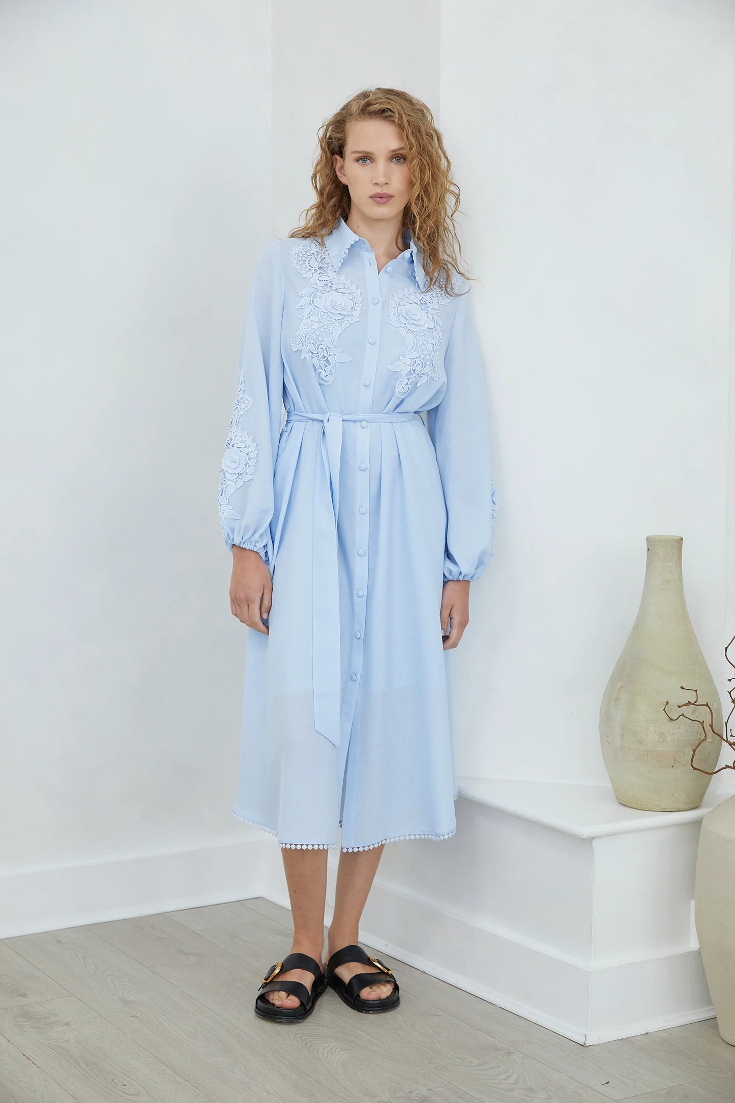 Jovonna Gaby Blue Dress with Lace Appliques