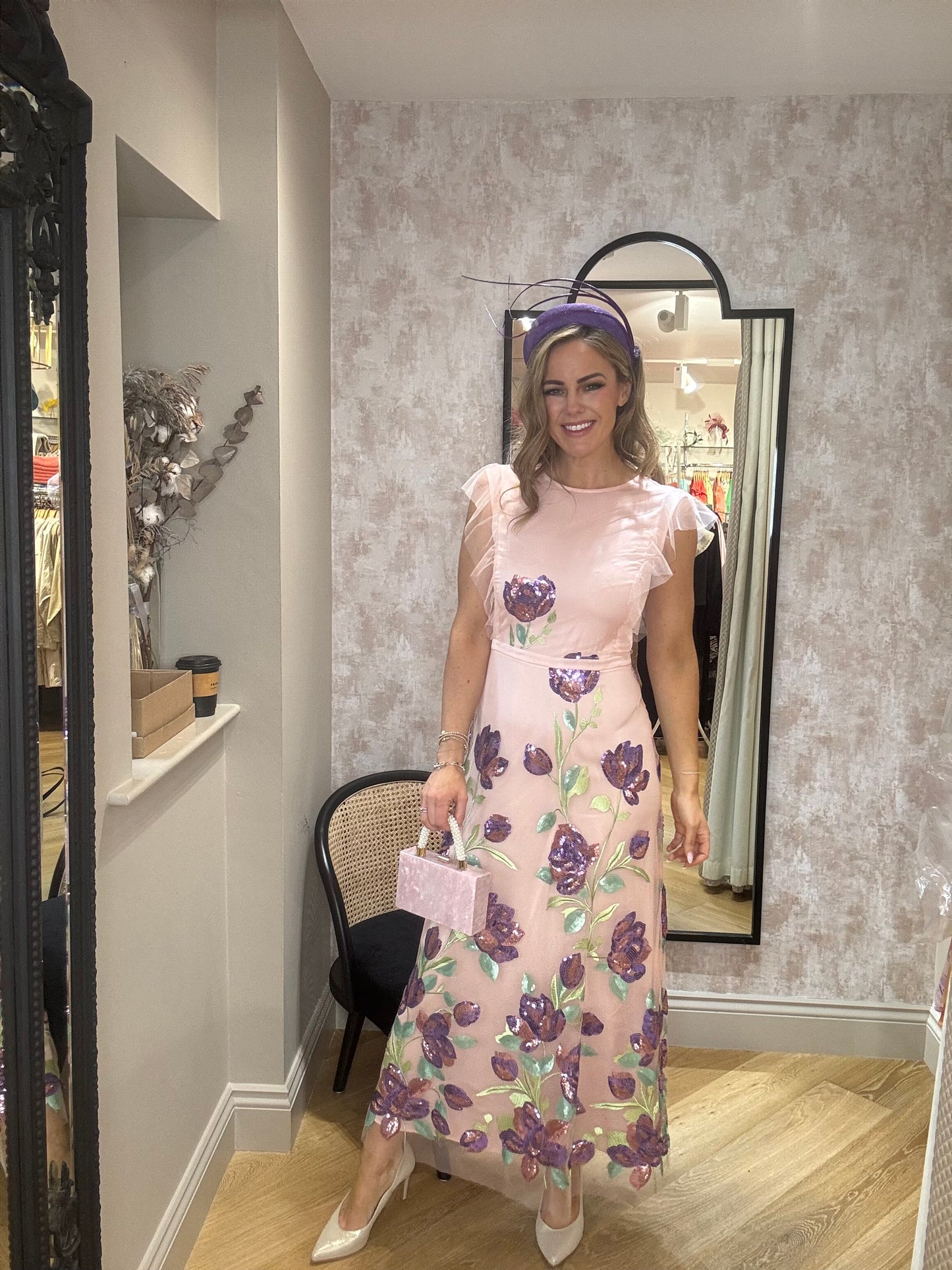 Caroline Kilkenny Dacota Dress in Embroidered Sequence Pink