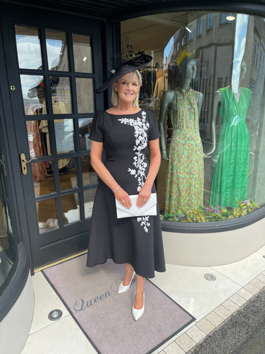 John Charles 66319 Black And White Crepe And Lace Applique