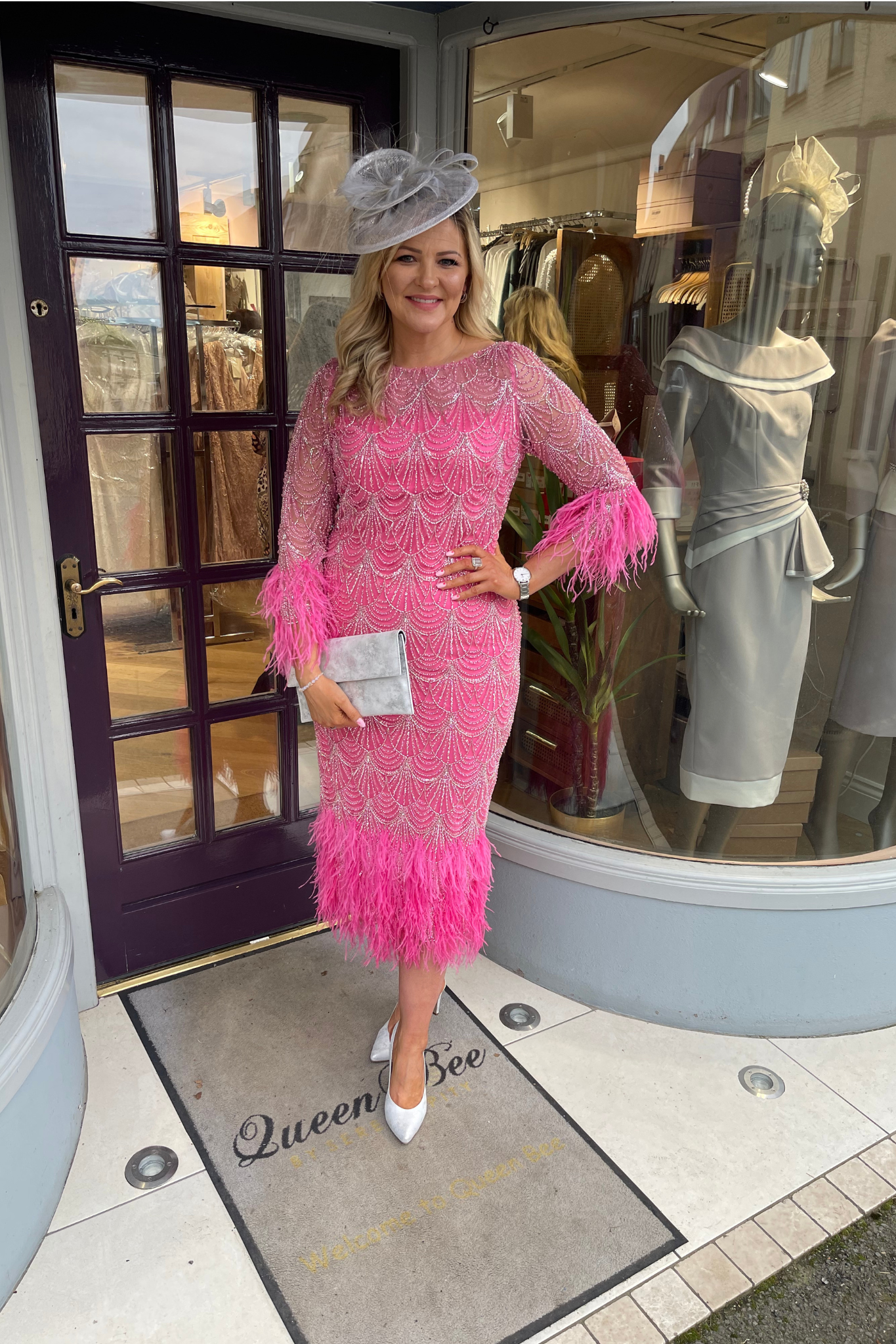 Gill Harvey 8008 Mid Length Beaded Feather Dress Pink