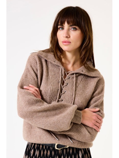 Garcia 46179 Taupe Tie Collar Knit