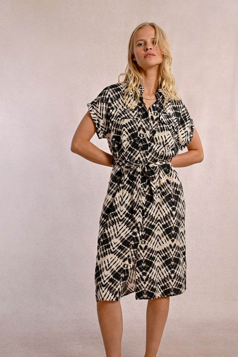 Molly Bracken T1967DP Black & Beige Shirt Dress