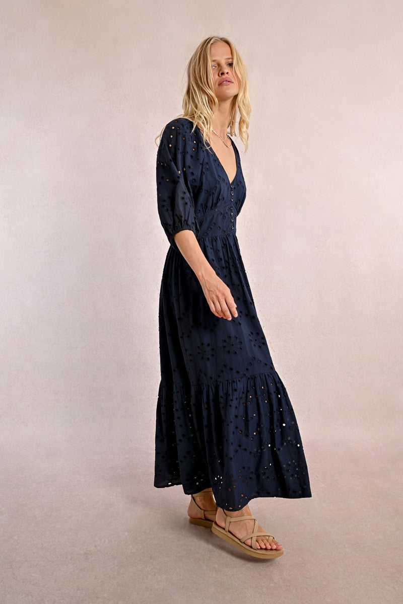 Molly Bracken Z635DE Navy Woven Midi Dress
