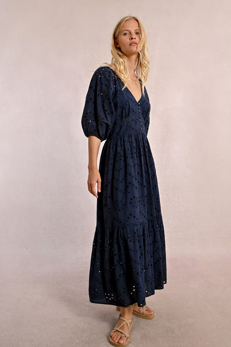 Molly Bracken Z635DE Navy Woven Midi Dress