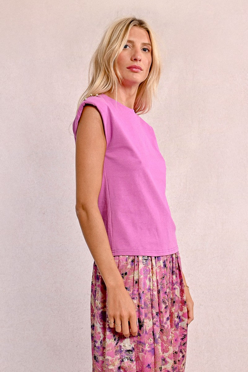 Molly Bracken T2018DP Pink Top with Gold Button Shoulders