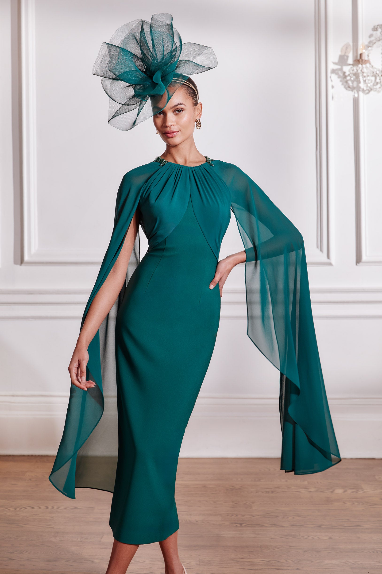 John Charles Forest Green Mother of The Bride Cape Dress | 599 John Charles Forest Green Mother of The Bride Cape Dress | 599