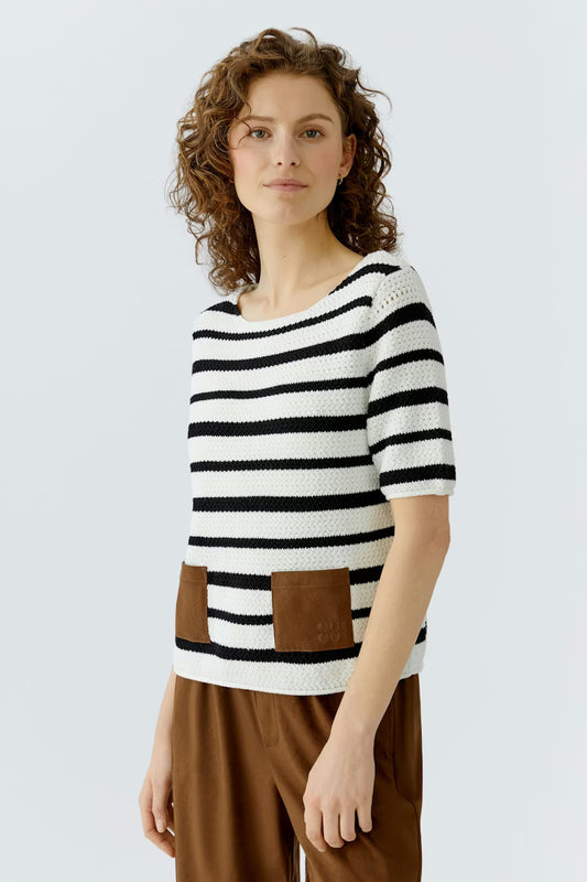 Oui Black and White Stripe Suede Pocket Jumper 97629