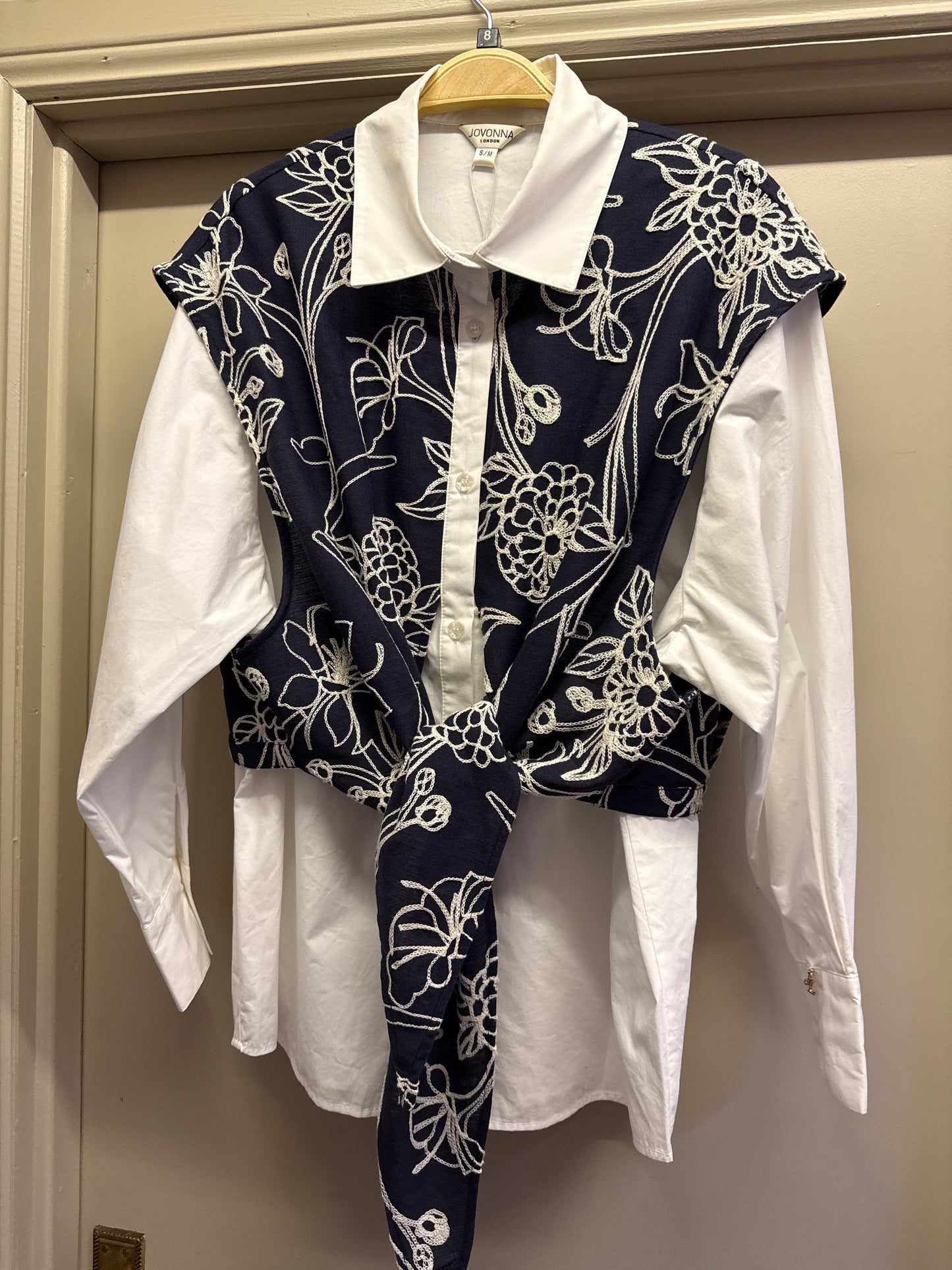 Jovonna London Nuria White Navy Tie Blouse
