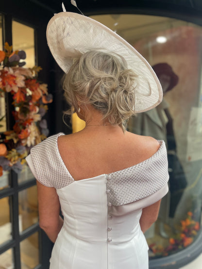 Anoola D462 Ivory & Sand Embossed Off Shoulder Neckine Dress