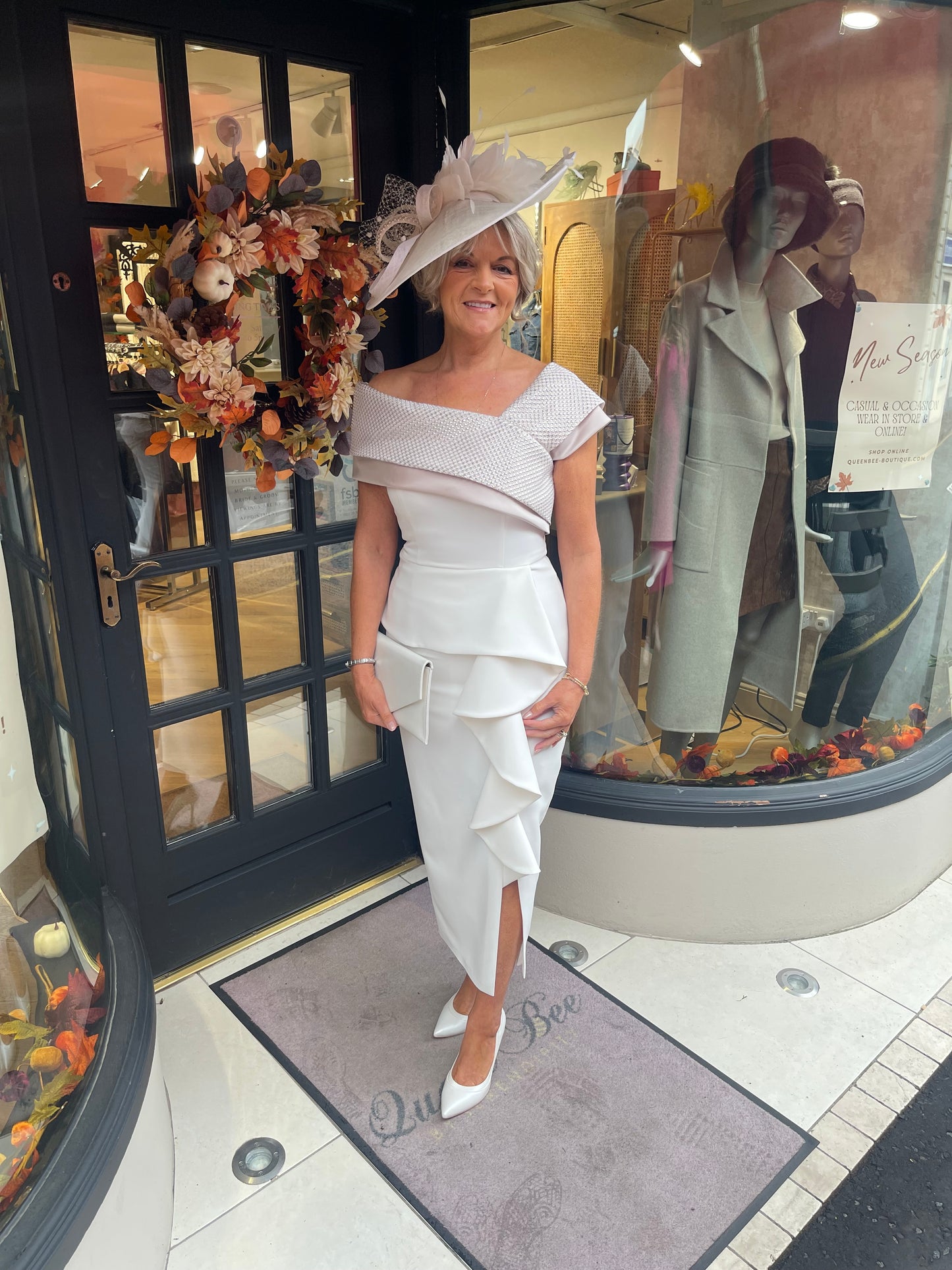 Anoola D462 Ivory & Sand Embossed Off Shoulder Neckine Dress