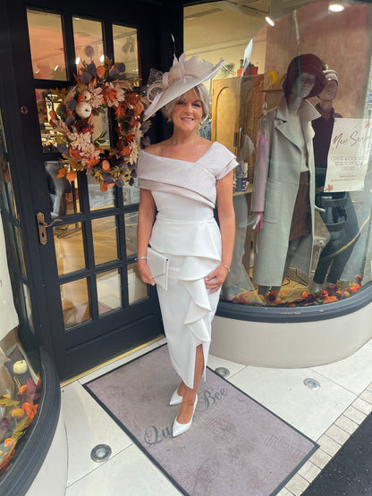 Anoola D462 Ivory & Sand Embossed Off Shoulder Neckine Dress