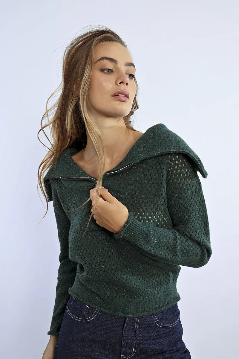 Molly Bracken Green Trucker Collar Sweater