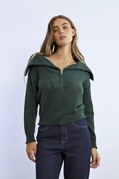 Molly Bracken Green Trucker Collar Sweater