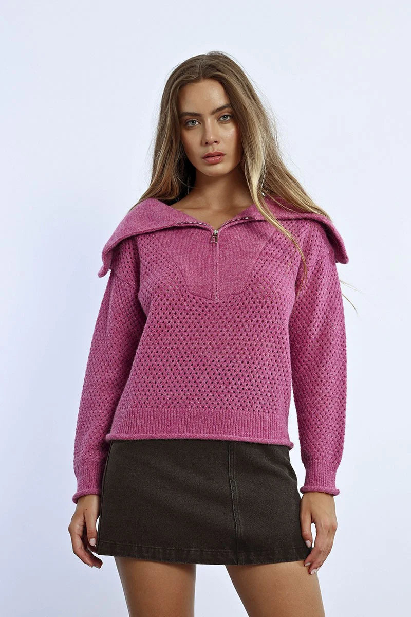 Molly Bracken Pink Trucker Collar Sweater