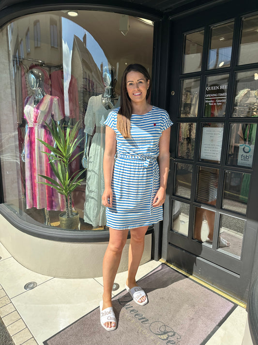 Molly Bracken Blue And White Stripped Knit Dress