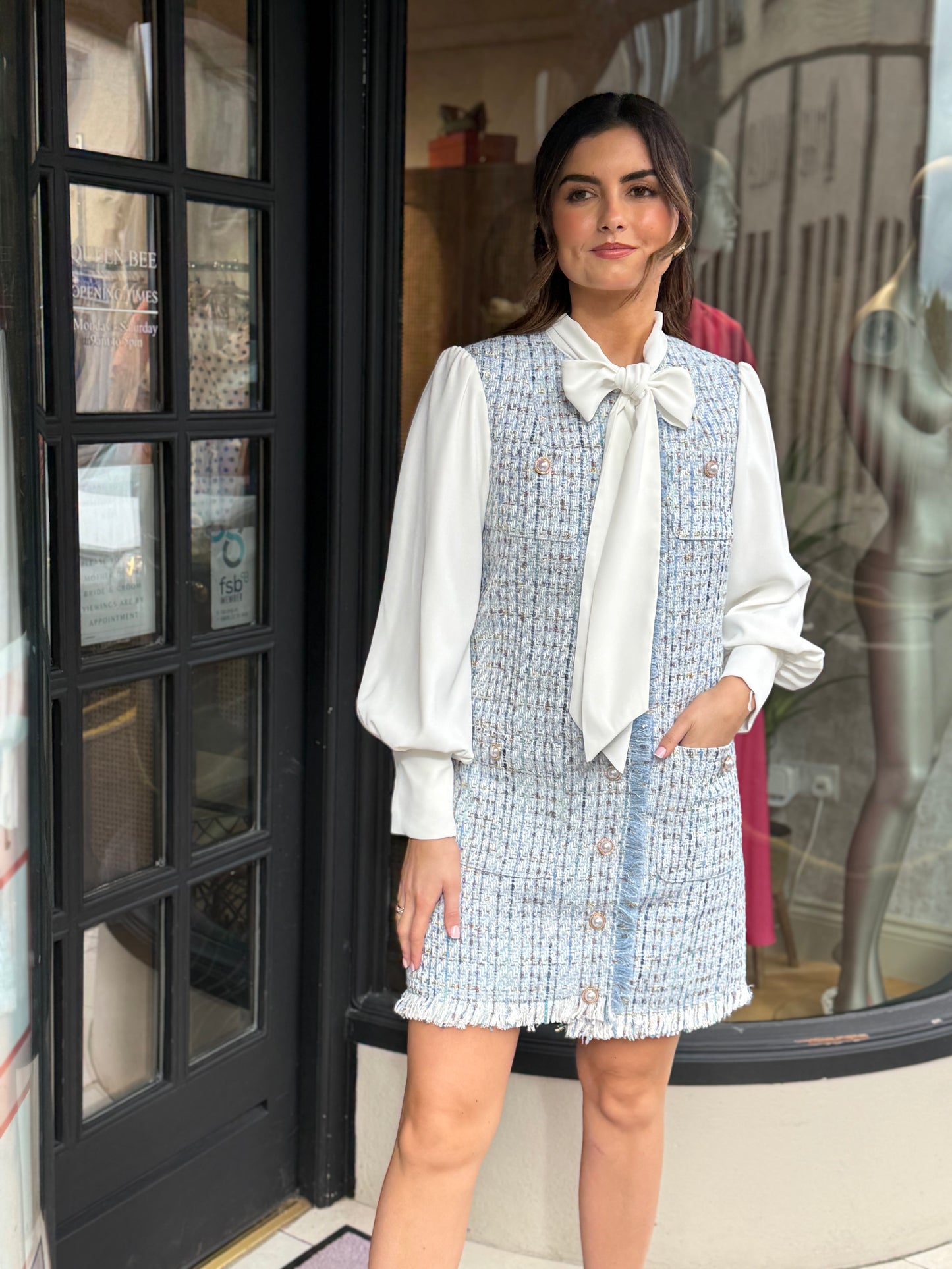 Jovonna Mata Blue Tweed Dress