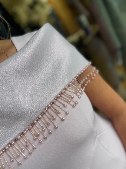 Anoola D437 Pink Drop Pearl Neckline Dress