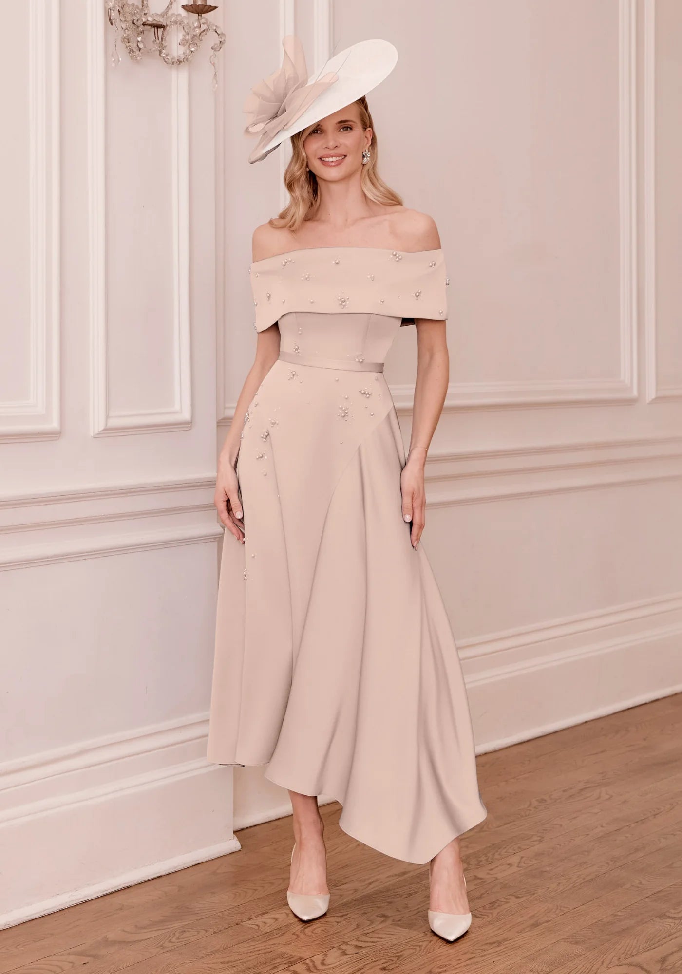 John Charles 29383A Oyster Bardot Dress