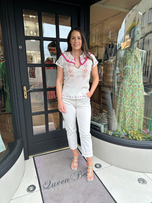 Place Du Soleil Off White Lace & Embroidery Blouse
