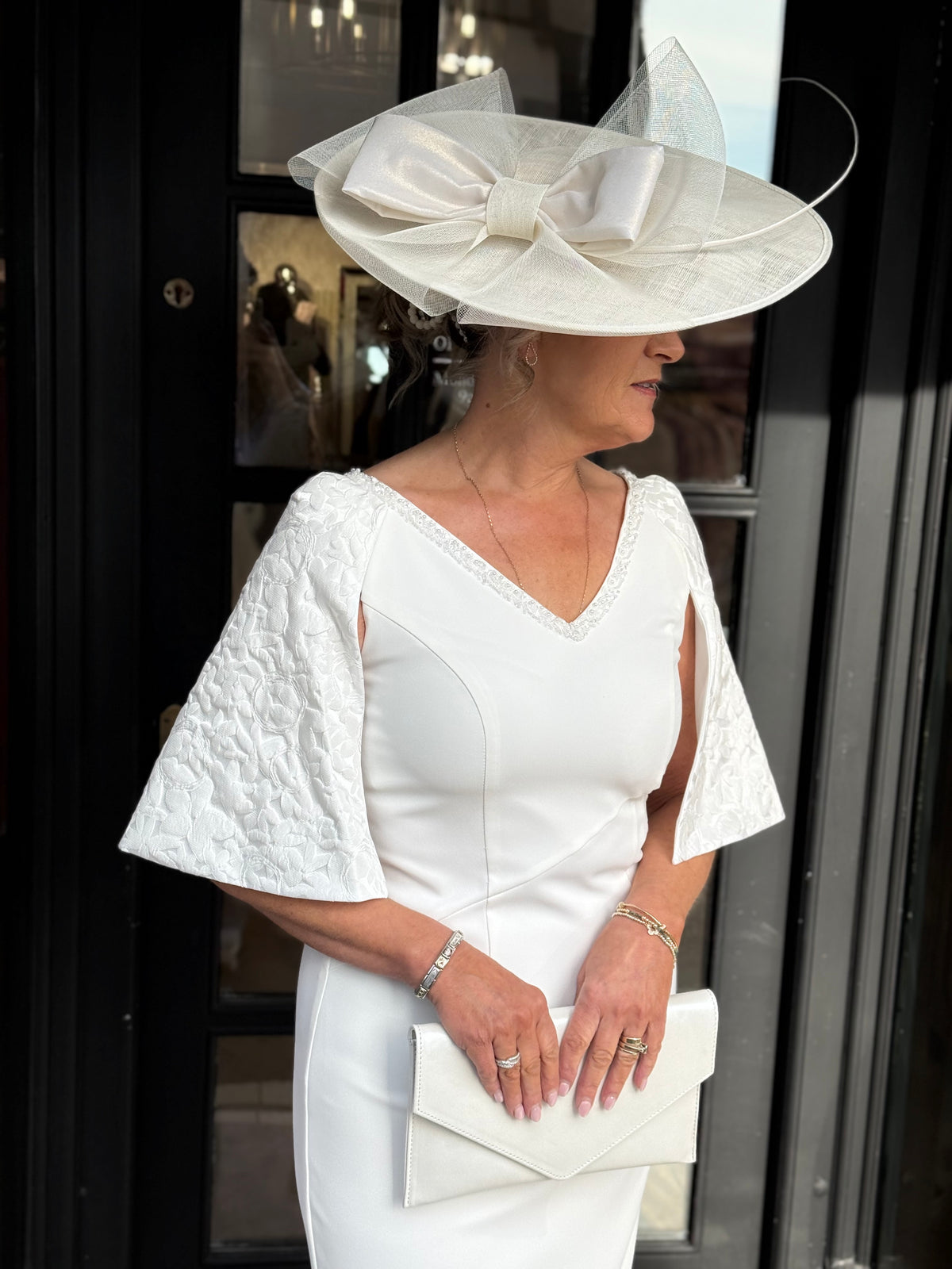 Anoola D416CRM Ivory & Brocade Neckline Dress