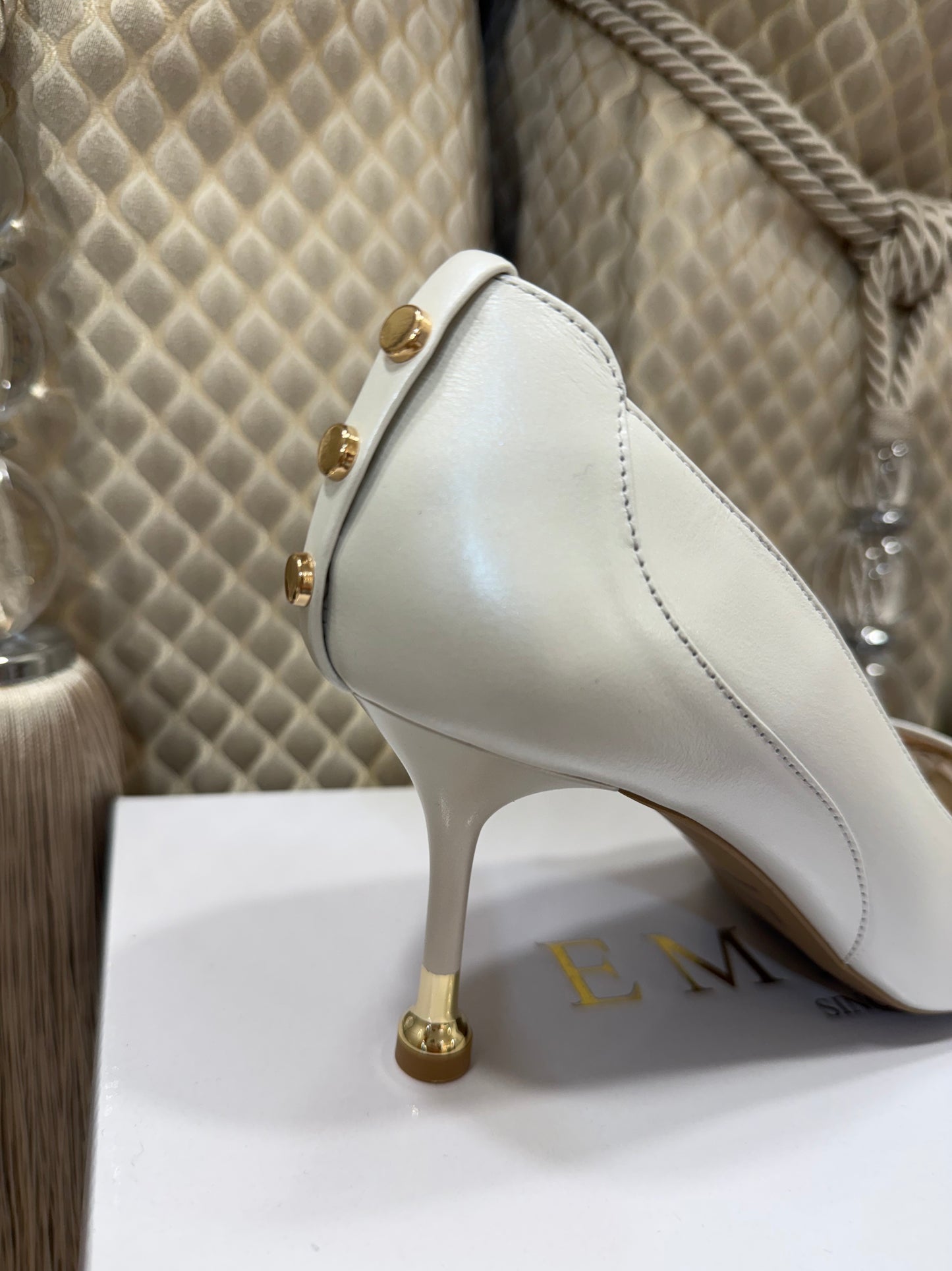 Emis Ivory Medium Heel Gold Button Shoe