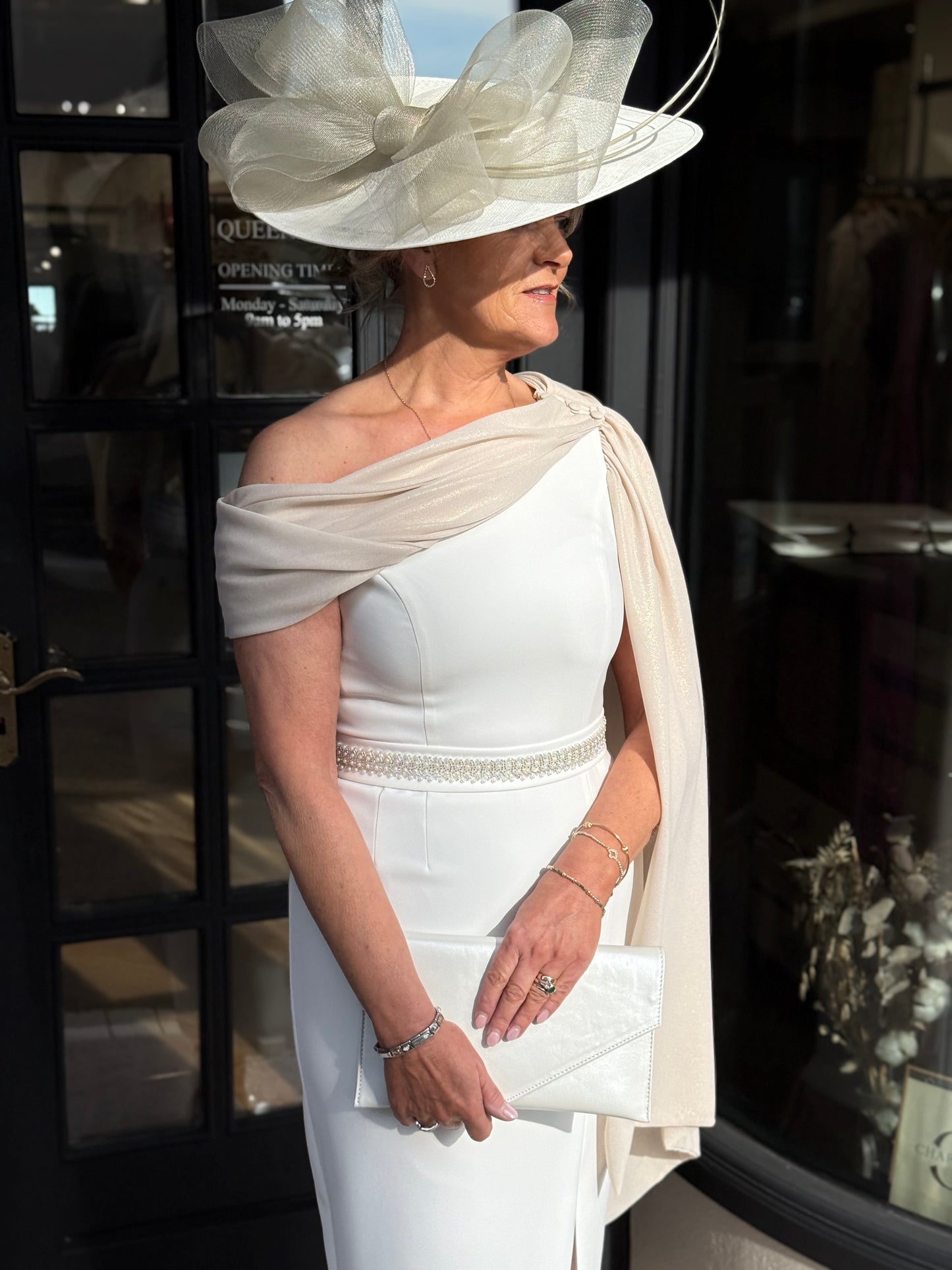 Anoola D467 Ivory and Gold Shimmer Drape Dress