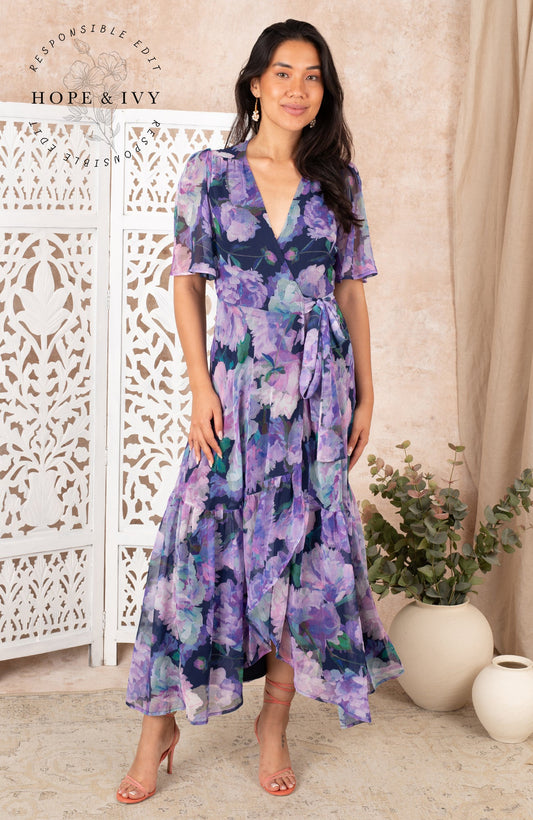 Hope & Ivy Adele Blue Floral Wrap Dress