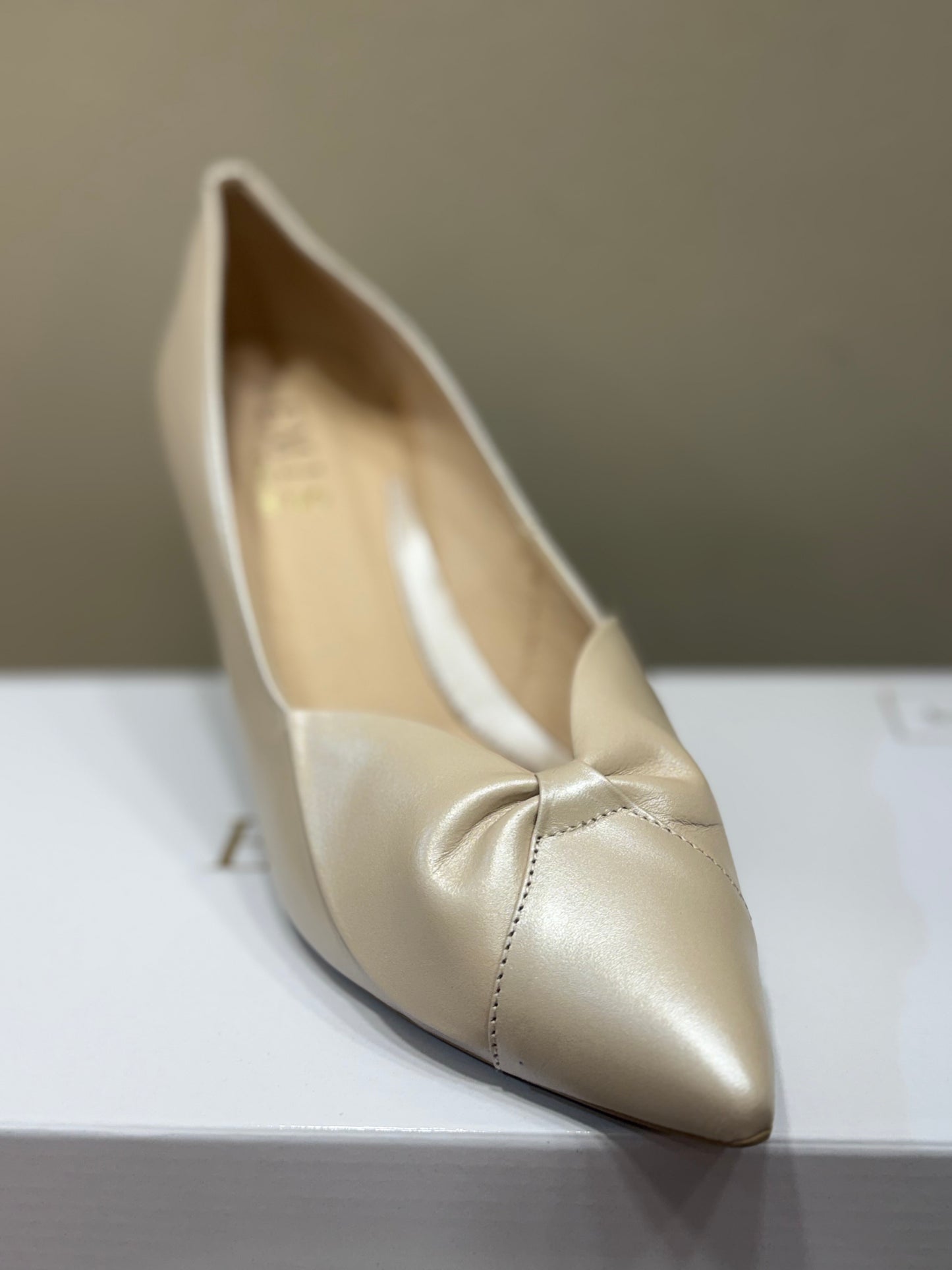 Emis Beige Low Heel Front Bow Shoe