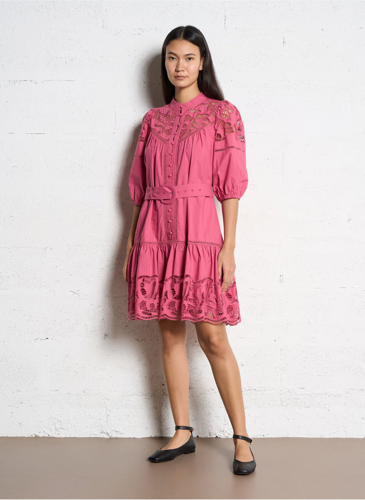 Suncoo S26C03085 Pink Lace Belted Dress