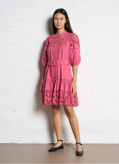 Suncoo S26C03085 Pink Lace Belted Dress
