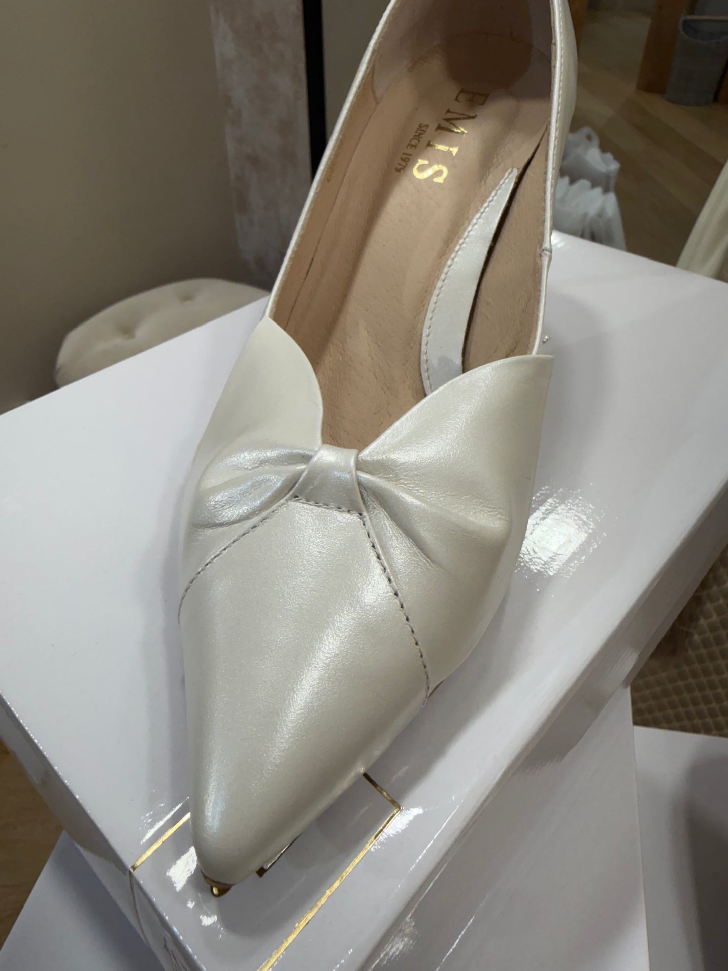 Emis Ivory Front Bow Shoe Low Heel