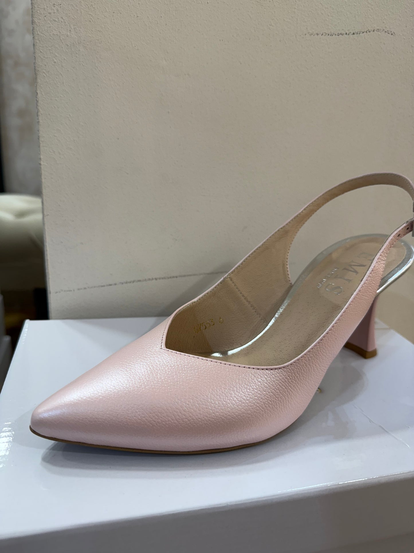 Emis Metallic Pink Sling Shoe Low Cuban Heel