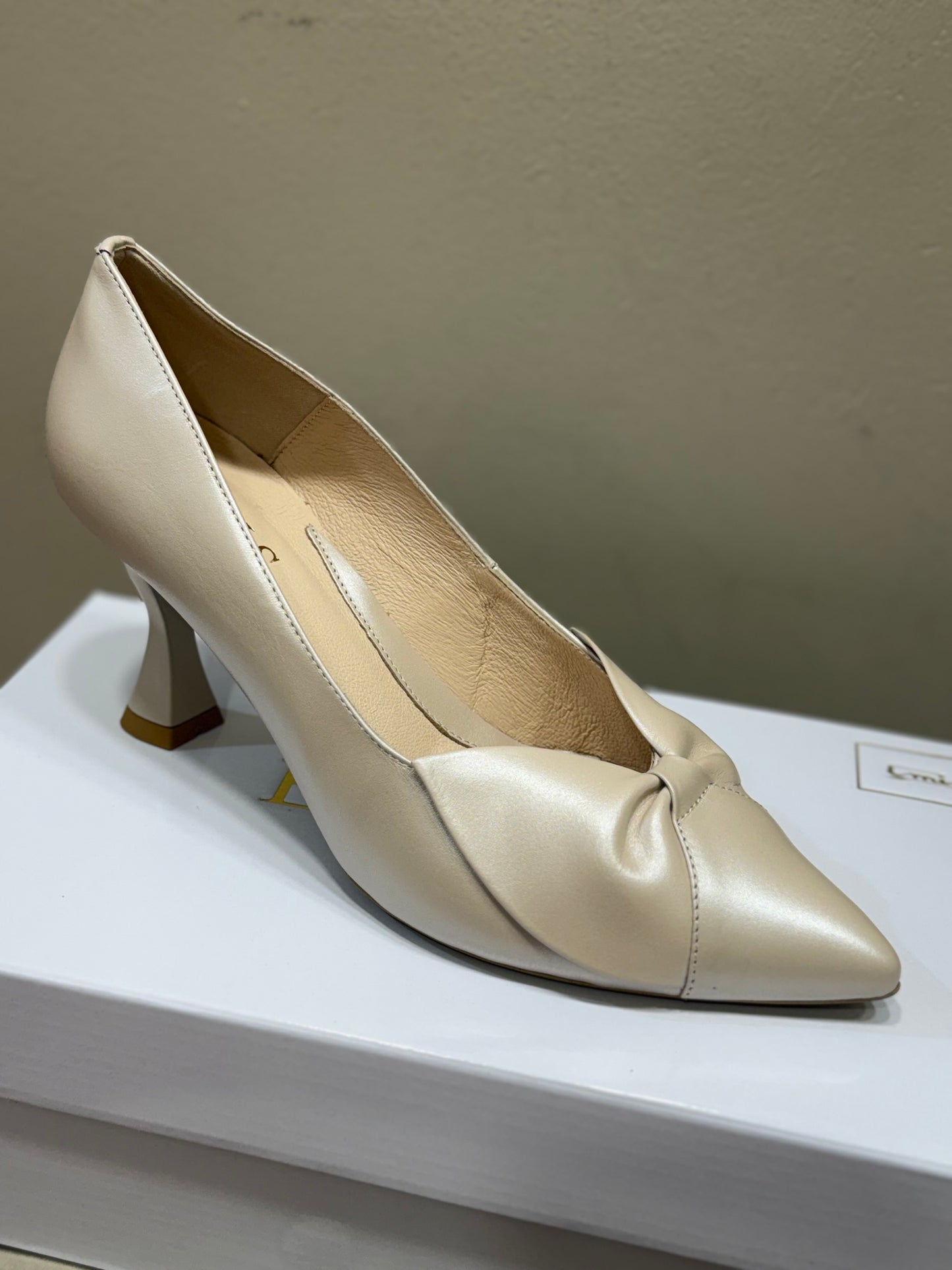 Emis Beige Low Heel Front Bow Shoe