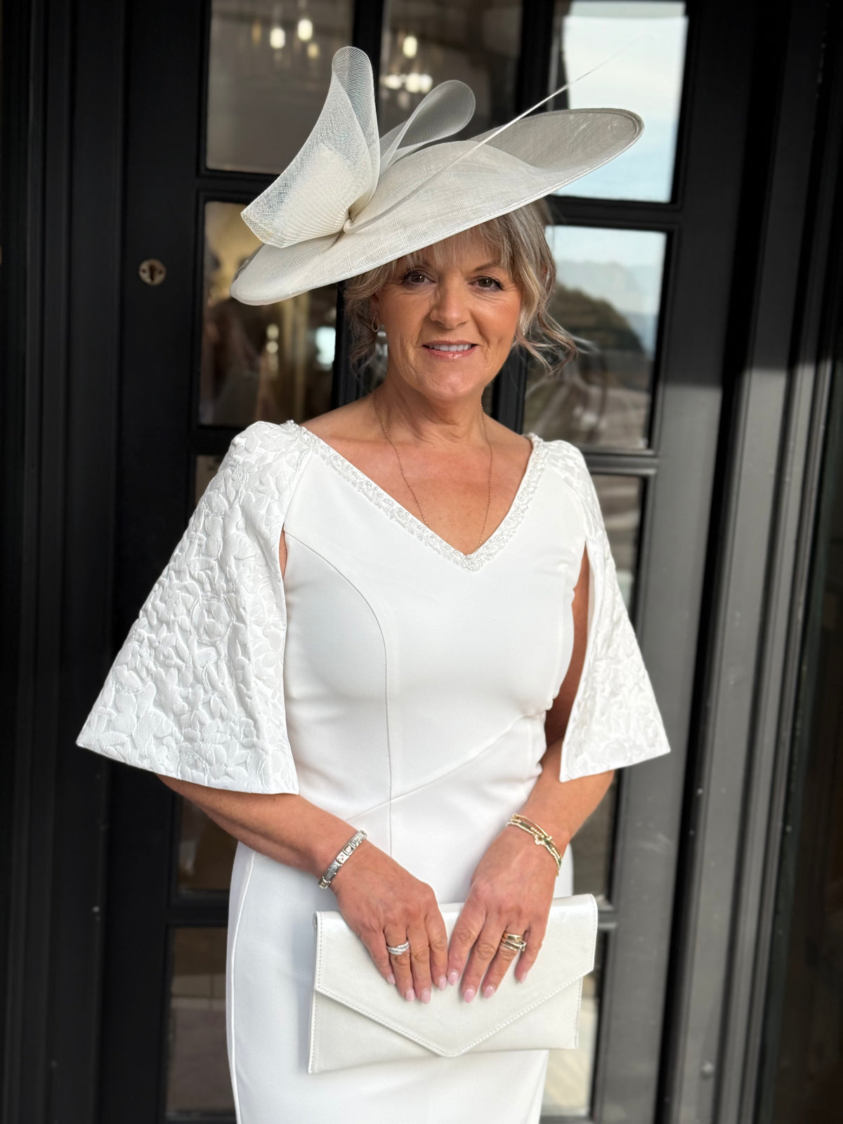 Anoola D416CRM Ivory & Brocade Neckline Dress