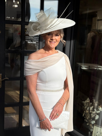 Anoola D467 Ivory and Gold Shimmer Drape Dress