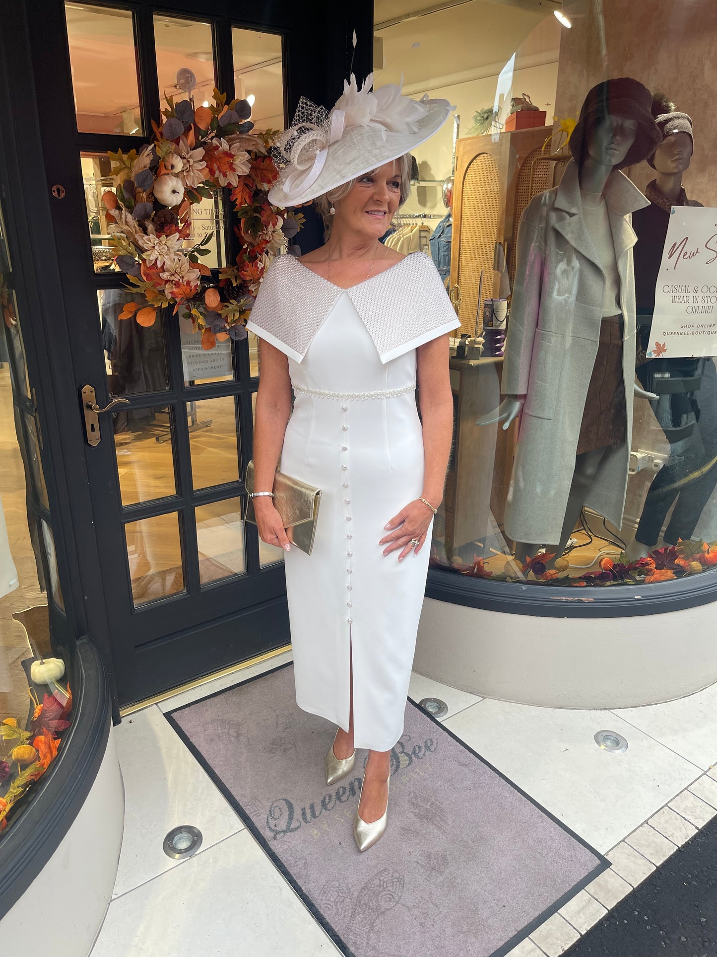 Anoola D463 Ivory & Sand Embossed Cape Neckline Dress