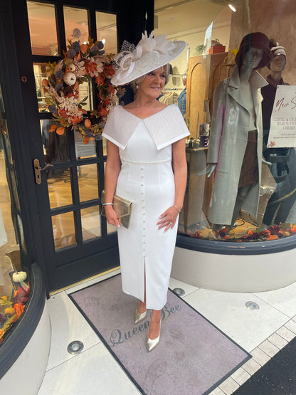 Anoola D463 Ivory & Sand Embossed Cape Neckline Dress