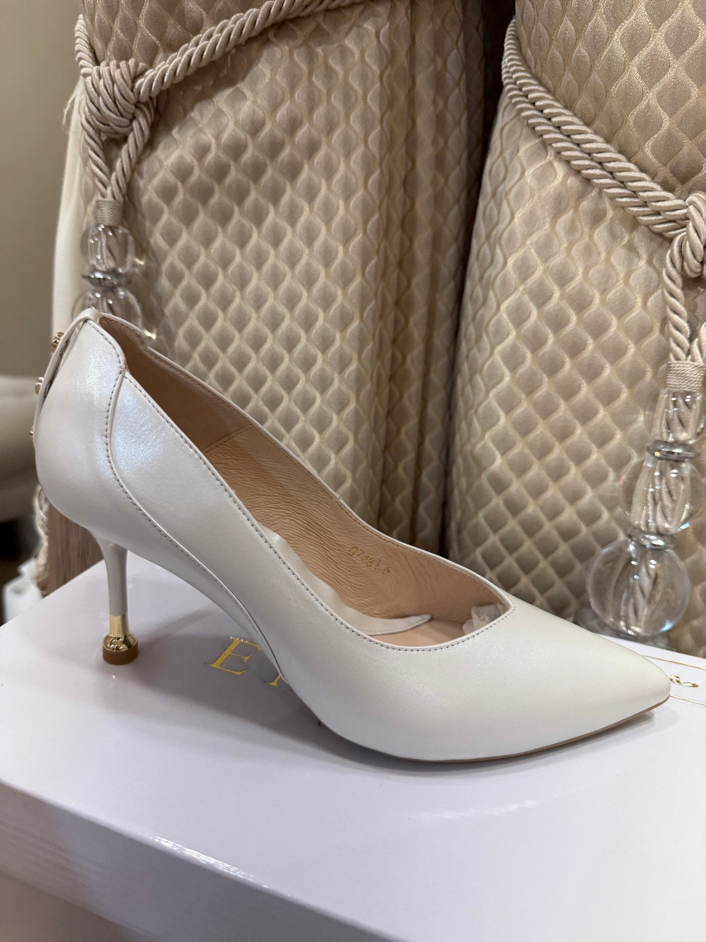 Emis Ivory Medium Heel Gold Button Shoe